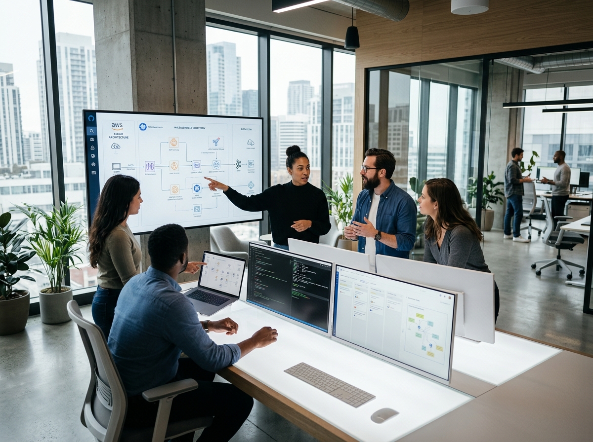 Software engineers collaborating on custom enterprise software architecture at Raj Global Ventures